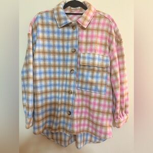 Timing Plaid Shacket in Pink, Blue and Tan